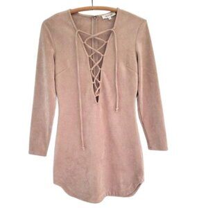 WYLDR Faux Suede Lace Up Long Sleeve Beige Mini Dress Sz M